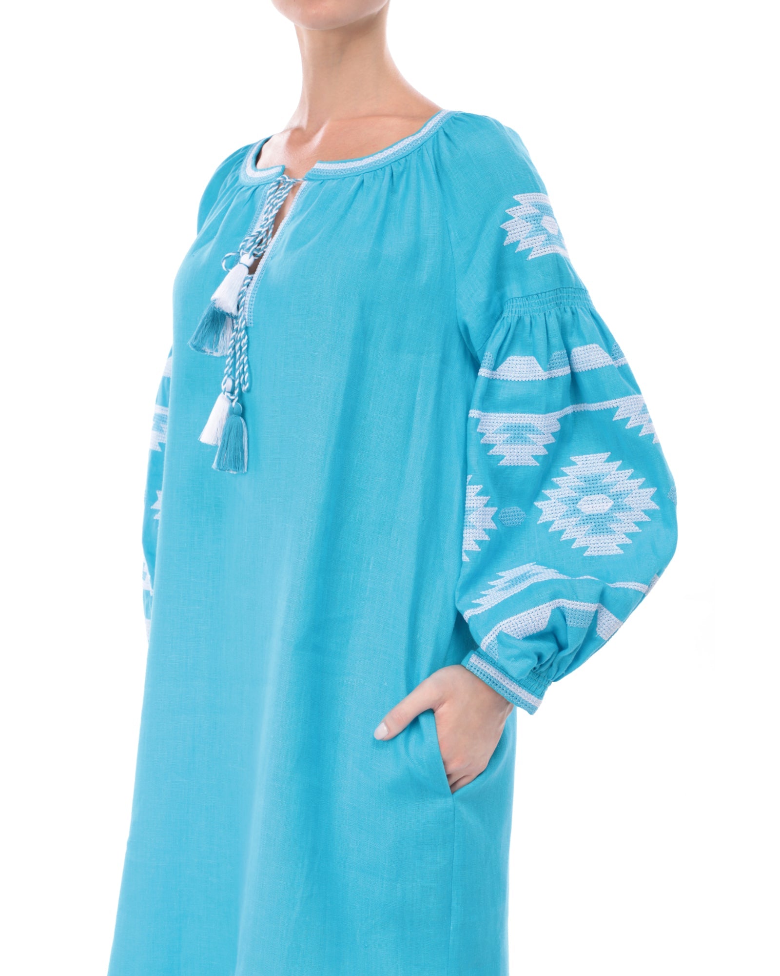 Turquoise Embroidered Linen Tunic Dress | ZALXNDRA