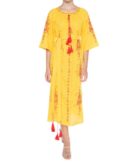 Saffron Yellow Embroidered Linen Maxi Dress | ZALXNDRA
