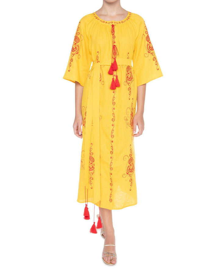Saffron Yellow Red Embroidered Linen Kaftan Midi Dress