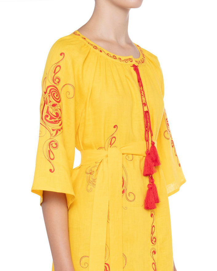 Saffron Yellow Red Embroidered Linen Kaftan Midi Dress