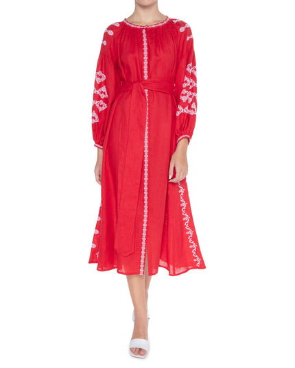 Scarlet Red Embroidered Linen Maxi Dress – Balloon Sleeves