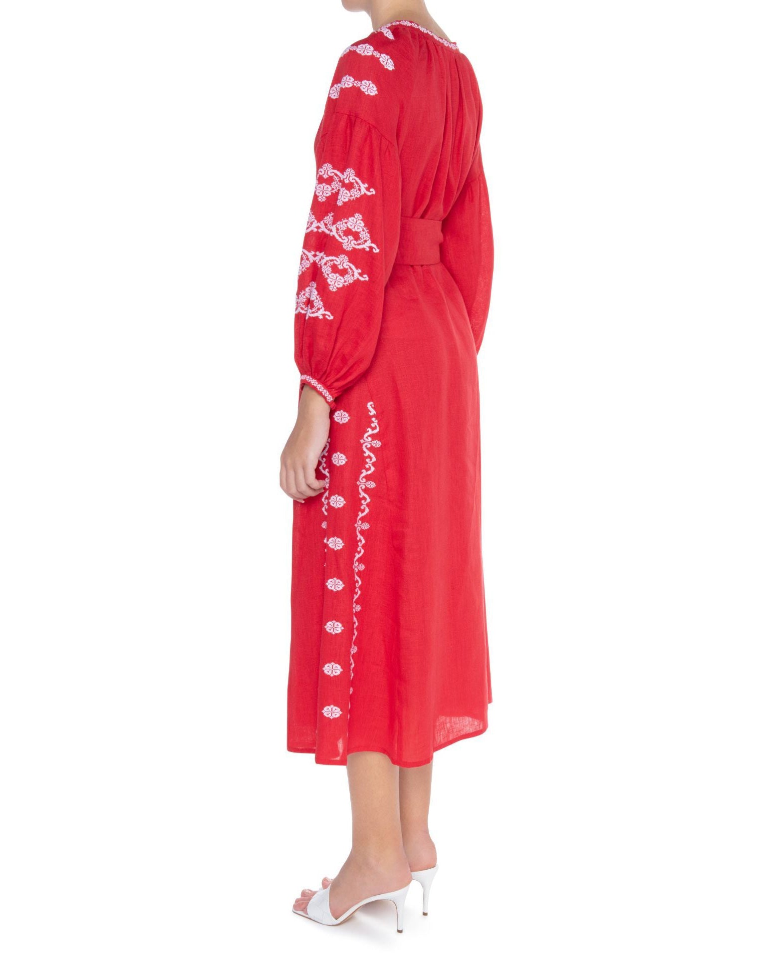 Scarlet Red Hand Embroidered Linen Maxi Dress | ZALXNDRA