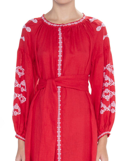 Scarlet Red Embroidered Linen Maxi Dress – Balloon Sleeves