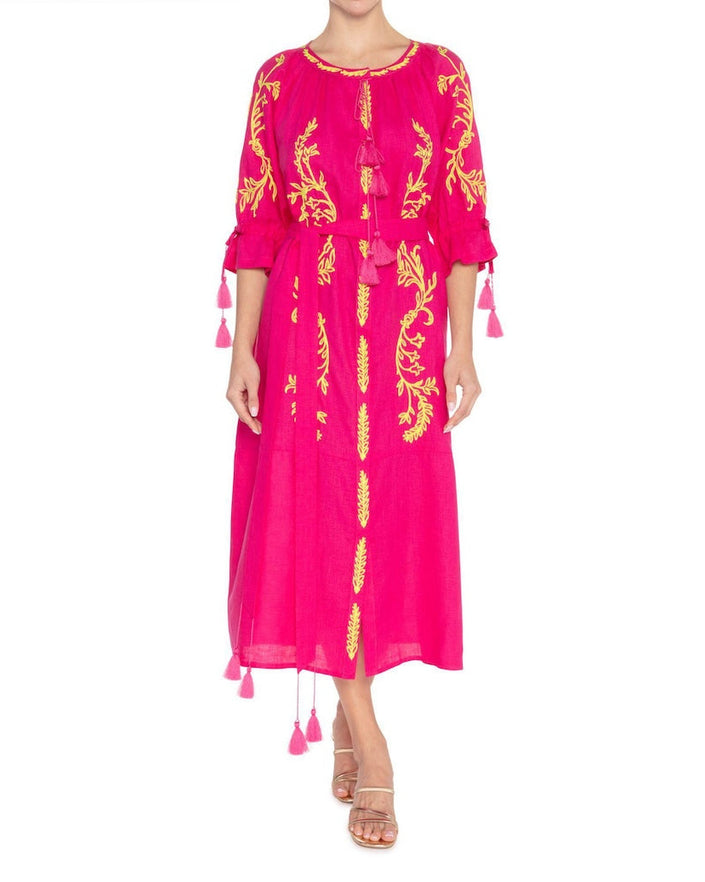 Fuchsia Embroidered Linen Maxi Dress | ZALXNDRA