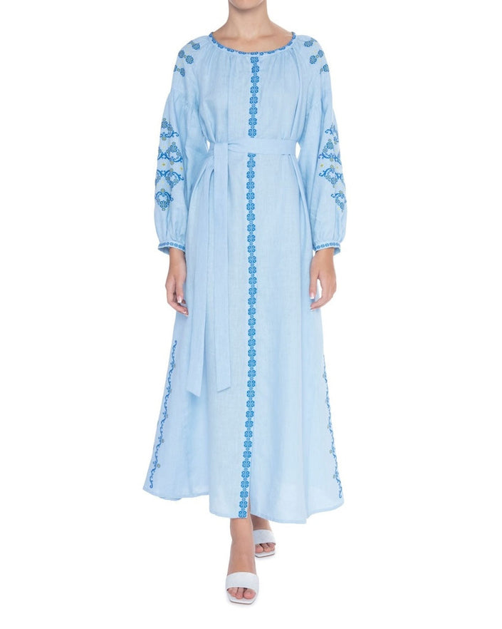 Baby Blue Embroidered Linen Maxi Dress – Balloon Sleeves