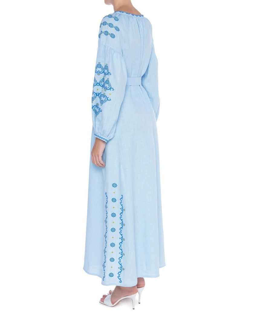 Baby Blue Hand Embroidered Linen Maxi Dress | ZALXNDRA