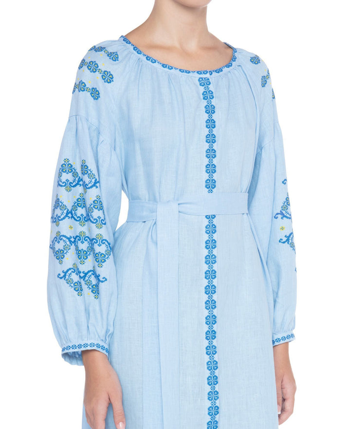 Baby Blue Embroidered Linen Maxi Dress – Balloon Sleeves