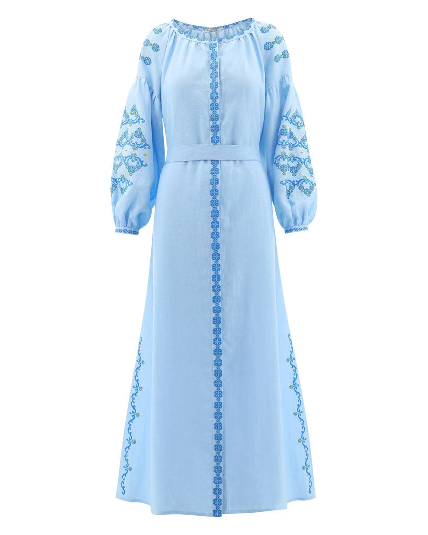 Baby Blue Hand Embroidered Linen Maxi Dress | ZALXNDRA