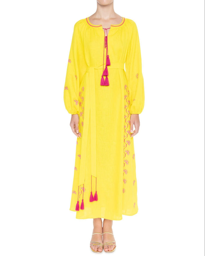 Yellow Pink Floral Embroidered Linen Kaftan Maxi Dress