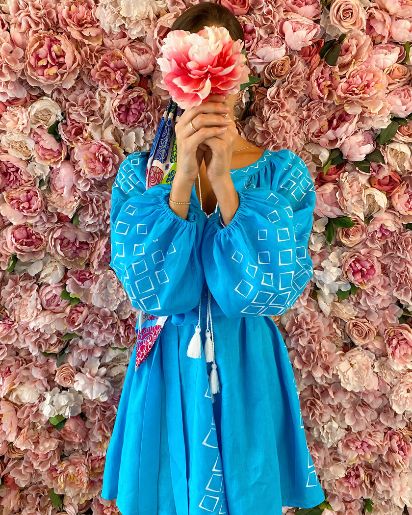 Turquoise Embroidered Linen Mini Dress | ZALXNDRA