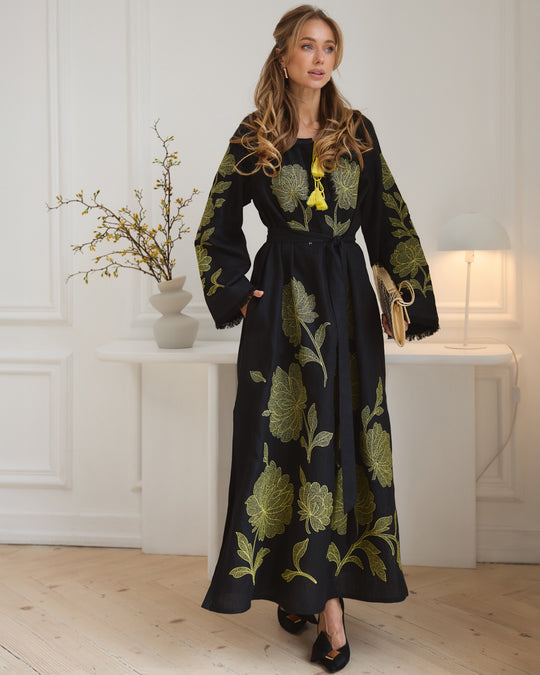 Black linen kaftan maxi dress with gold floral embroidery, angel sleeves, and tassel tie - Zalxndra Resort