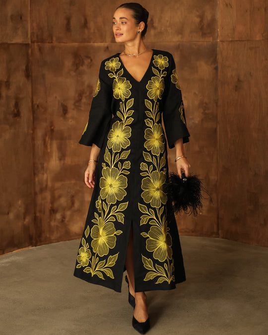 Black linen kaftan maxi dress with bold gold floral embroidery, V-neck, and flared sleeves - Zalxndra Resort