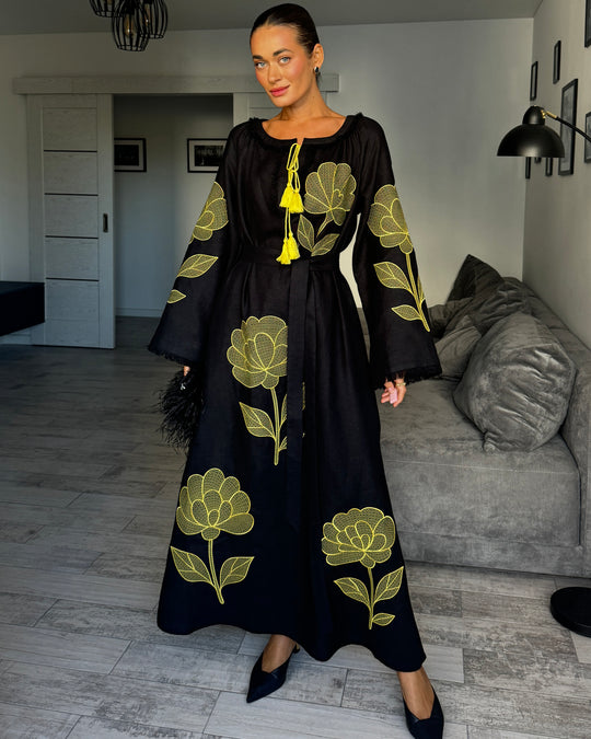 Black linen kaftan maxi dress with gold outlined floral embroidery, angel sleeves, and tassel tie - Zalxndra Resort