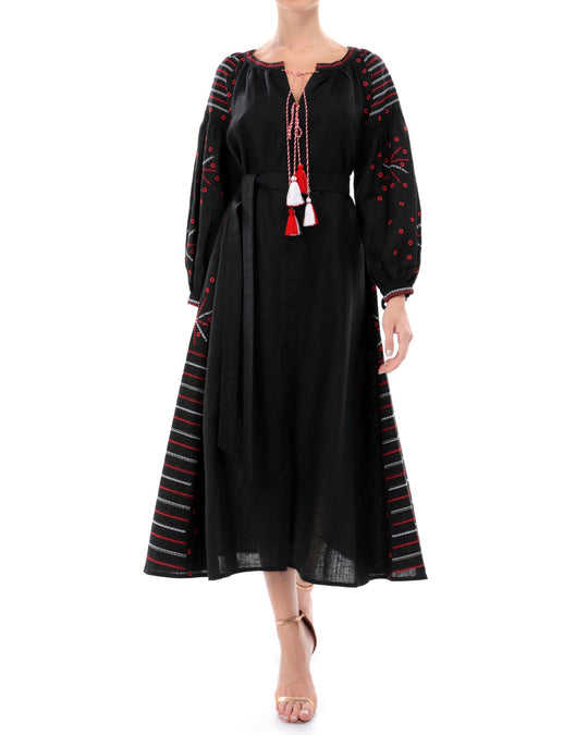 Black linen kaftan maxi dress with red geometric embroidery, balloon sleeves, tassel tie neckline and self-tie belt, front view - Zalxndra Resort