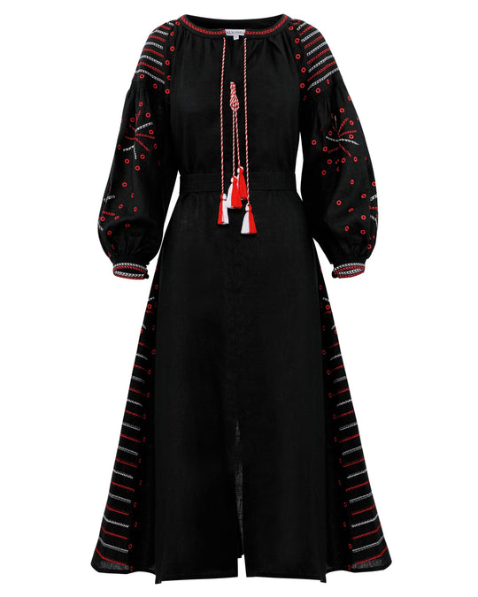 Black linen kaftan maxi dress with red and white geometric embroidery, balloon sleeves, red and white tassel ties and front slit, full length view - Zalxndra Resort