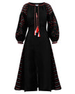 Black linen kaftan maxi dress with red and white geometric embroidery, balloon sleeves, red and white tassel ties and front slit, full length view - Zalxndra Resort