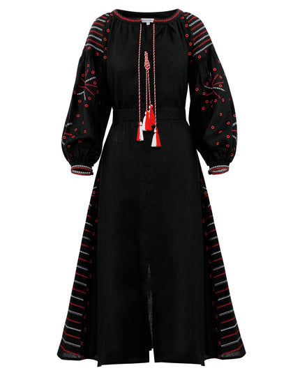 Black linen kaftan maxi dress with red and white geometric embroidery, balloon sleeves, red and white tassel ties and front slit, full length view - Zalxndra Resort