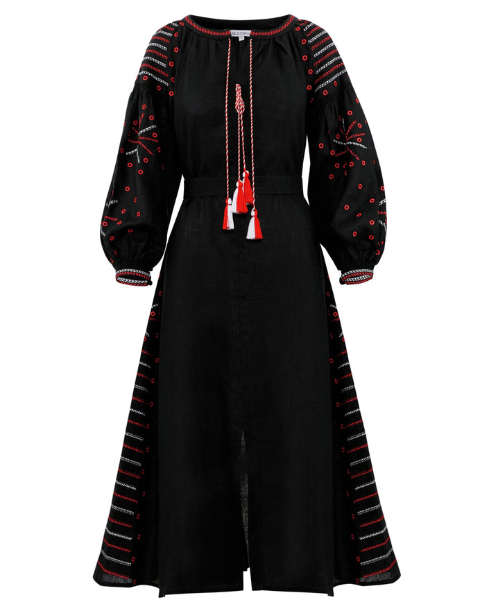 Black linen kaftan maxi dress with red and white geometric embroidery, balloon sleeves, red and white tassel ties and front slit, full length view - Zalxndra Resort