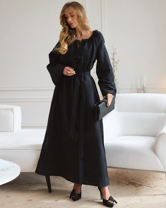 Black linen kaftan maxi dress with tonal floral embroidery, angel sleeves, and tassel tie - Zalxndra Resort