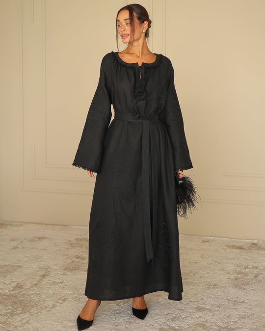 Black linen kaftan maxi dress with tonal black floral embroidery and tassel ties - Zalxndra Resort