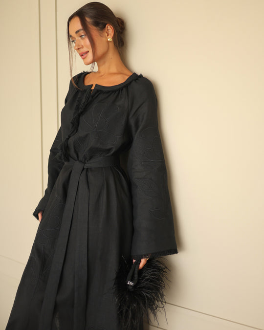 Side view of black linen kaftan maxi dress with tonal floral embroidery and frayed bell sleeves - Zalxndra Resort