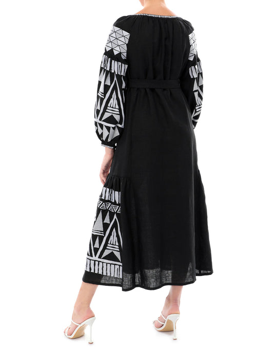Black linen kaftan maxi dress with white geometric embroidery, balloon sleeves and self-tie belt, back view - Zalxndra Resort