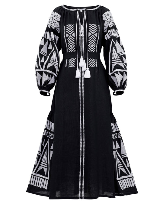 Black linen kaftan maxi dress with white geometric embroidery, balloon sleeves, tassel ties and self-tie belt, full-length view - Zalxndra Resort