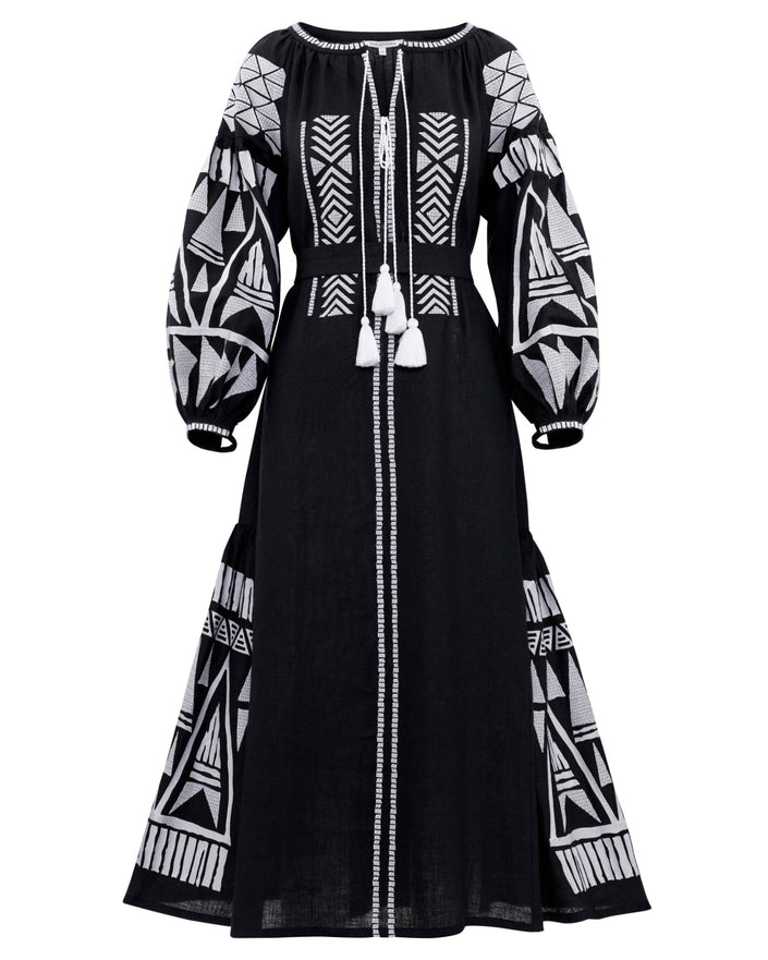 Black linen kaftan maxi dress with white geometric embroidery, balloon sleeves, tassel ties and self-tie belt, full-length view - Zalxndra Resort