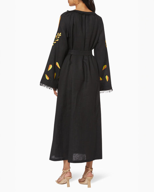Black linen kaftan maxi dress with yellow and orange leaf embroidery, angel sleeves with frayed trim and self-tie belt, back view - Zalxndra Resort
