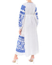 White linen kaftan maxi dress with blue geometric embroidery, balloon sleeves and self-tie belt, back view - Zalxndra Resort