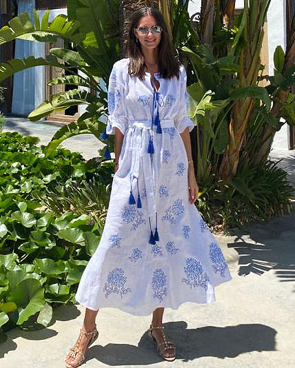 White Blue Floral Embroidered Linen Kaftan Maxi Dress