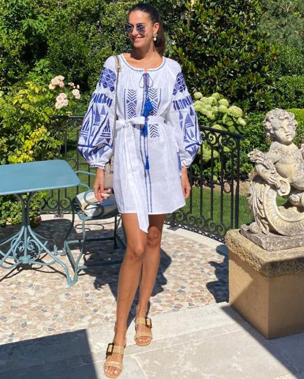 White Cobalt Blue Geometric Embroidered Linen Mini Kaftan Dress