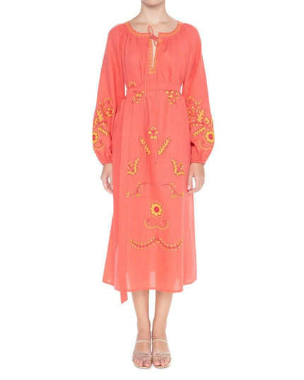 Coral Embroidered Linen Maxi Dress | ZALXNDRA