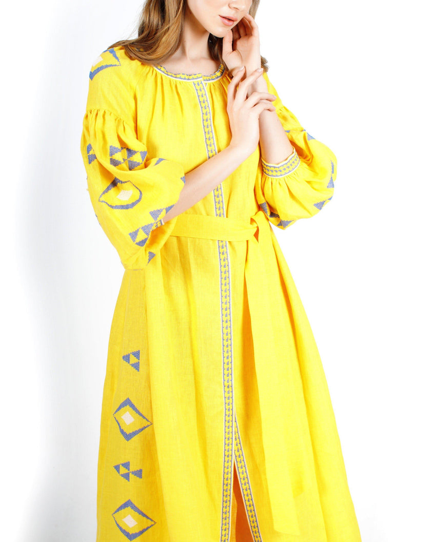 Saffron Yellow Hand Embroidered Linen Maxi Dress | ZALXNDRA
