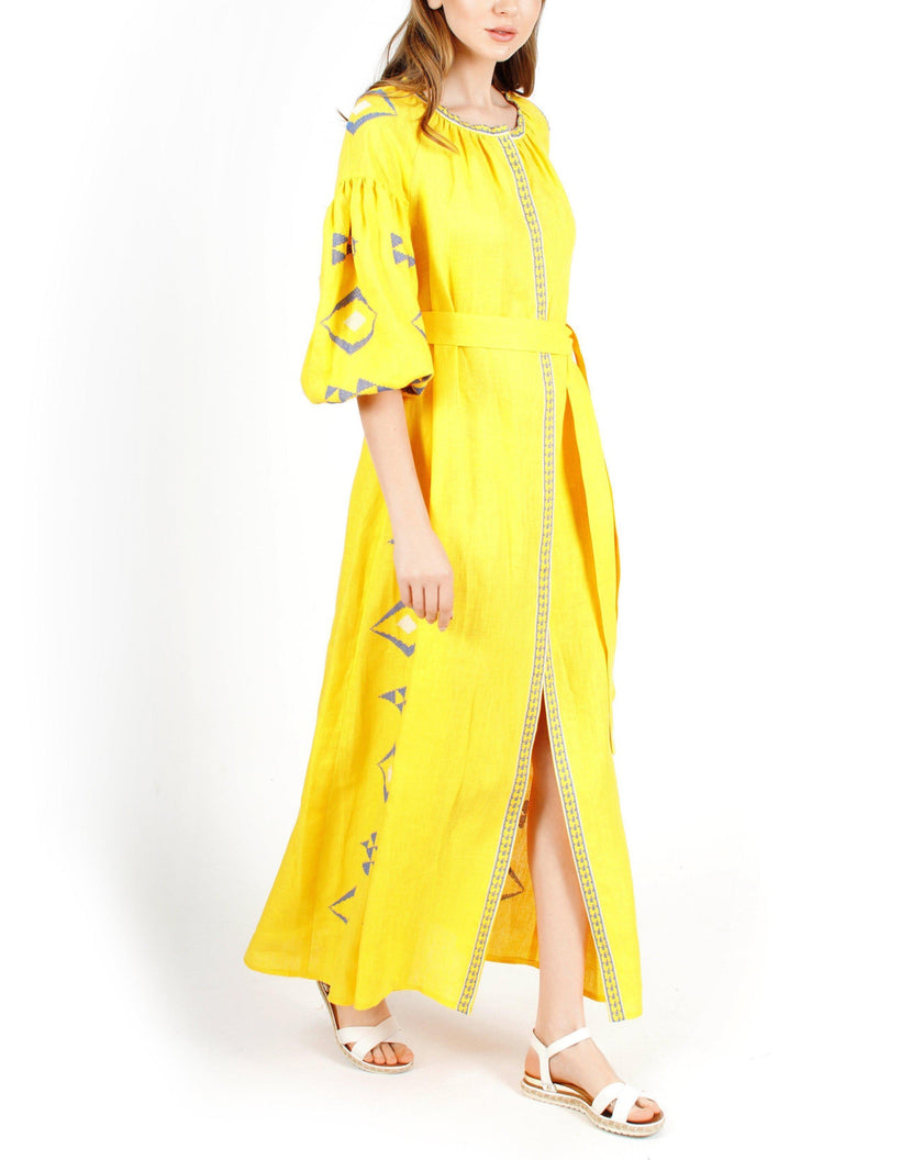 Saffron Yellow Hand Embroidered Linen Maxi Dress | ZALXNDRA