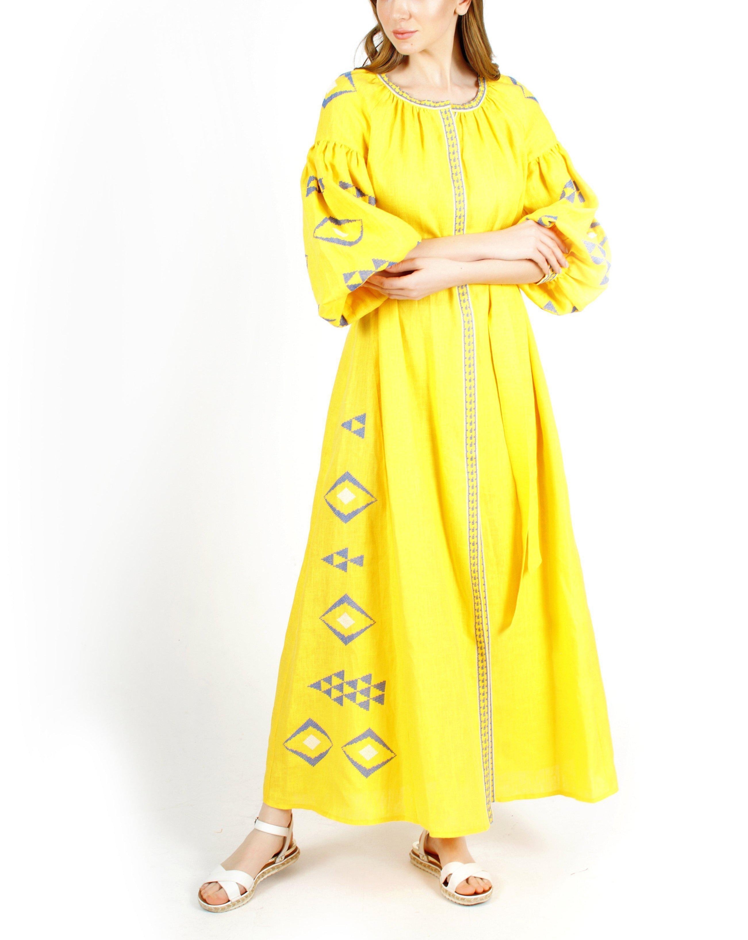 Saffron Yellow Hand Embroidered Linen Maxi Dress | ZALXNDRA