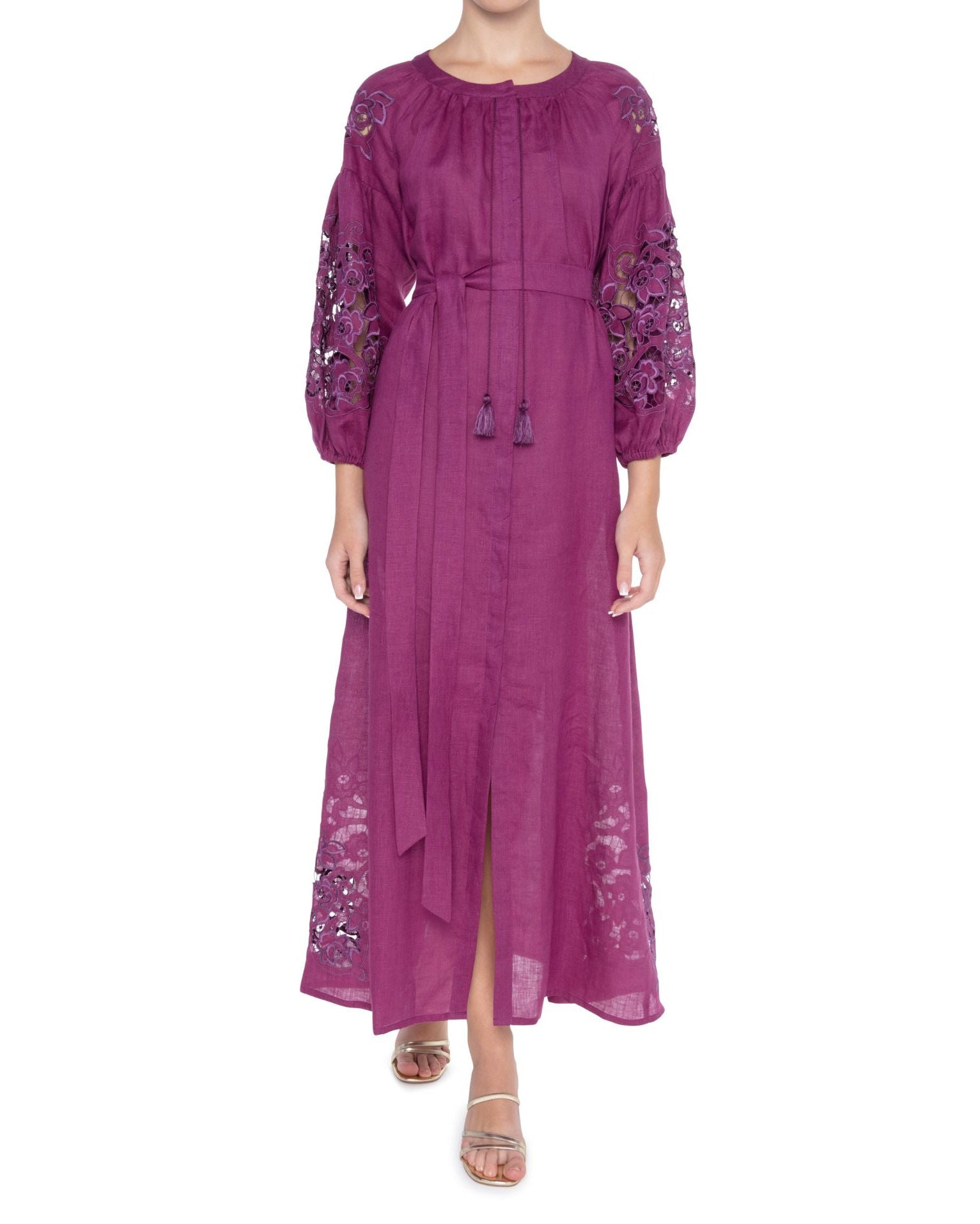 Plum Purple Hand Cut Embroidered Linen Maxi Dress | ZALXNDRA