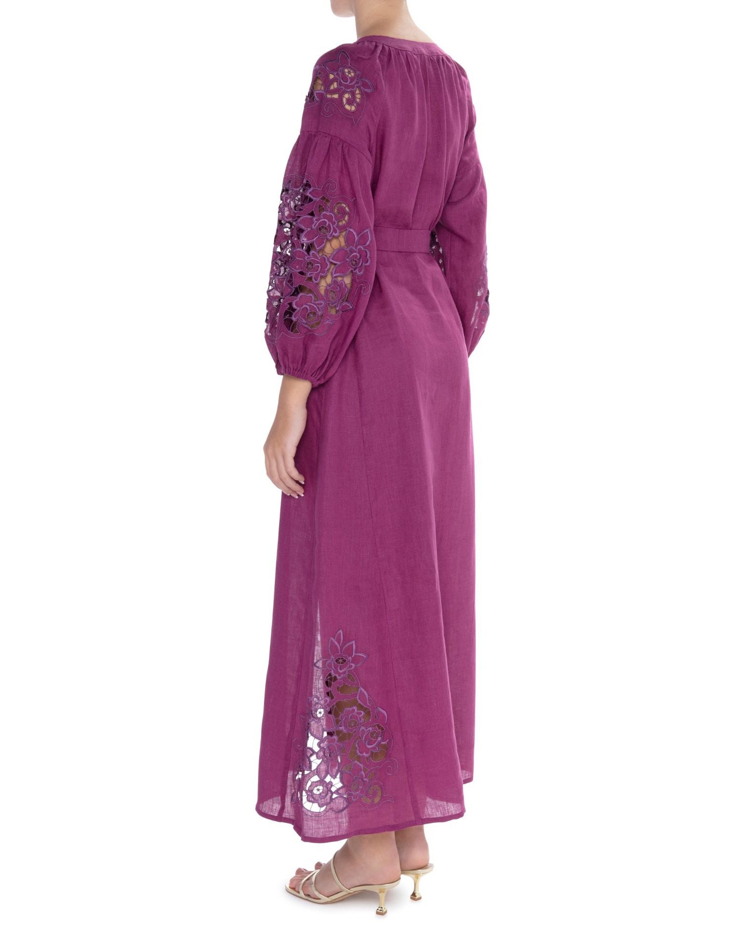 Plum Purple Hand Cut Embroidered Linen Maxi Dress | ZALXNDRA