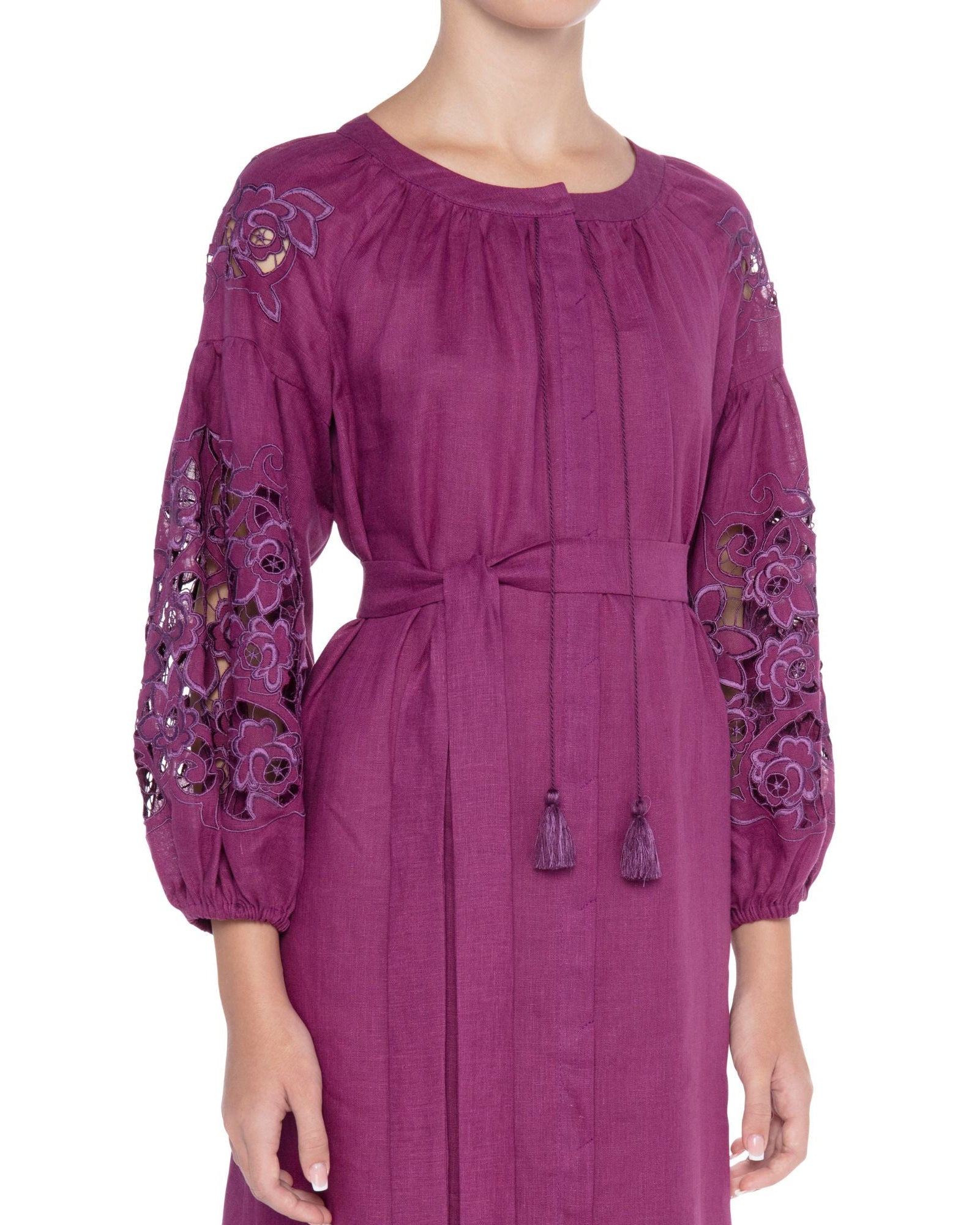 Plum Purple Hand Cut Embroidered Linen Maxi Dress | ZALXNDRA