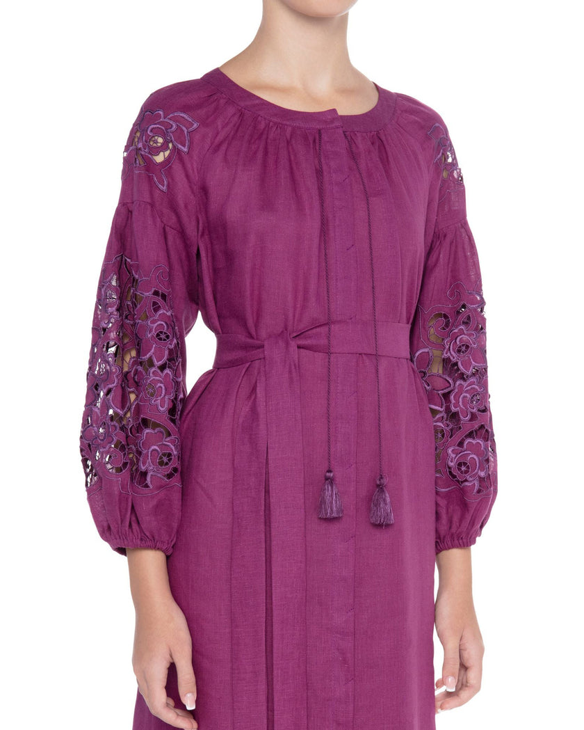 Plum Purple Hand Cut Embroidered Linen Maxi Dress | ZALXNDRA