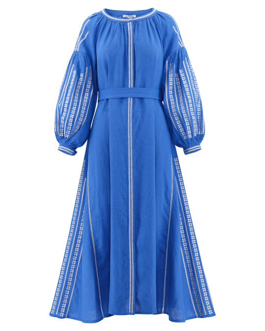 French blue linen kaftan maxi dress with white embroidery, balloon sleeves and self-tie belt, front view - Zalxndra Resort