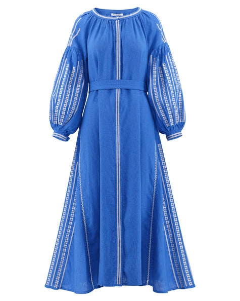 French blue linen kaftan maxi dress with white embroidery, balloon sleeves and self-tie belt, front view - Zalxndra Resort