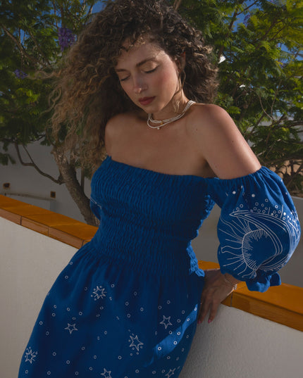 Royal Blue Embroidered Linen Dress | ZALXNDRA