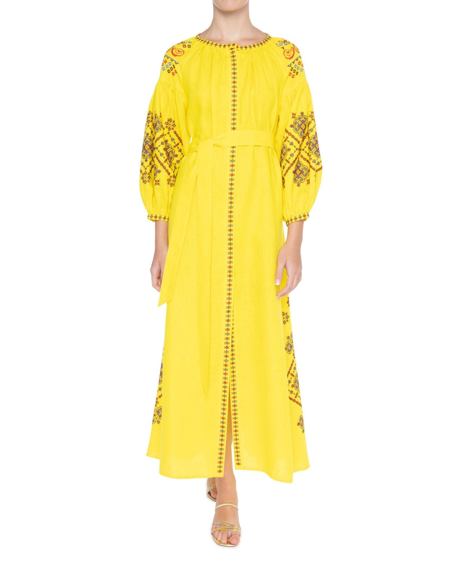 Lemon Yellow Hand Embroidered Linen Maxi Dress | ZALXNDRA