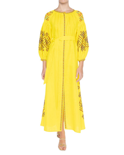 Lemon Yellow Hand Embroidered Linen Maxi Dress | ZALXNDRA