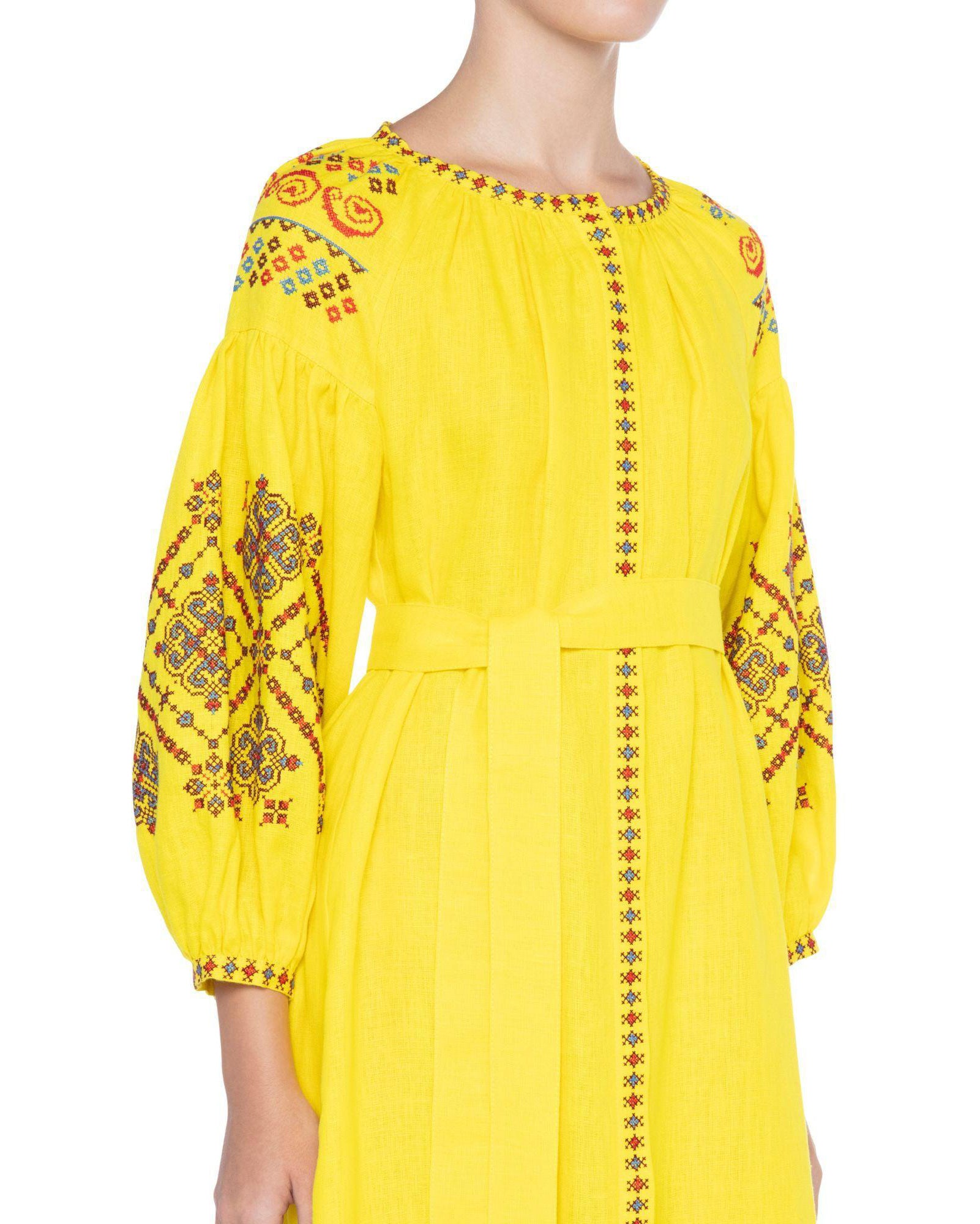 Lemon Yellow Hand Embroidered Linen Maxi Dress | ZALXNDRA