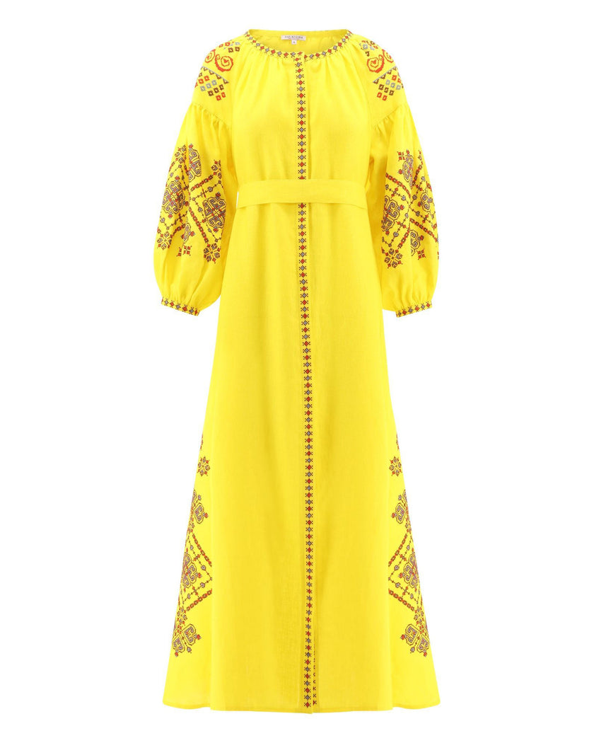 Lemon Yellow Hand Embroidered Linen Maxi Dress | ZALXNDRA