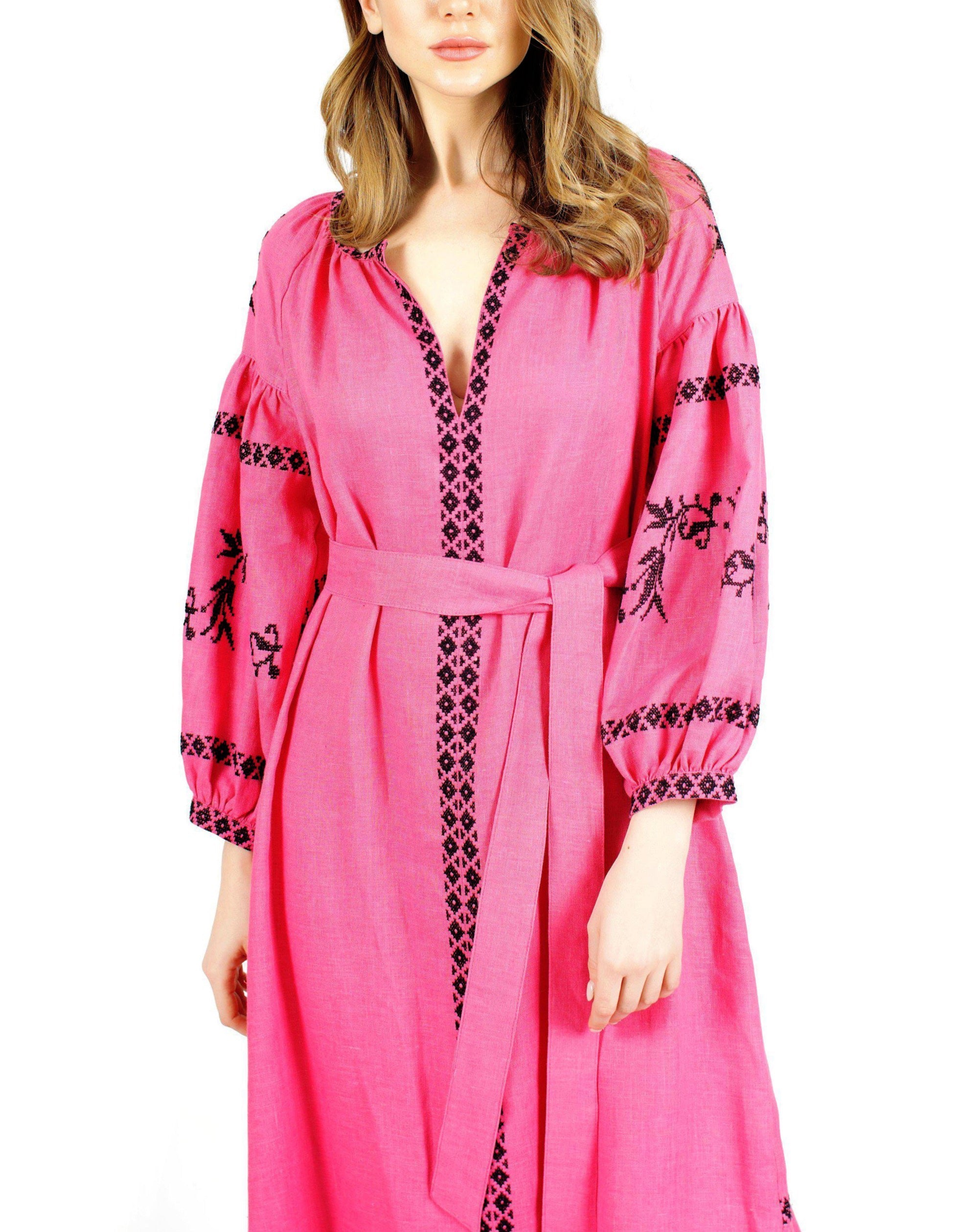 Fuchsia Hand Embroidered Linen Maxi Dress | ZALXNDRA