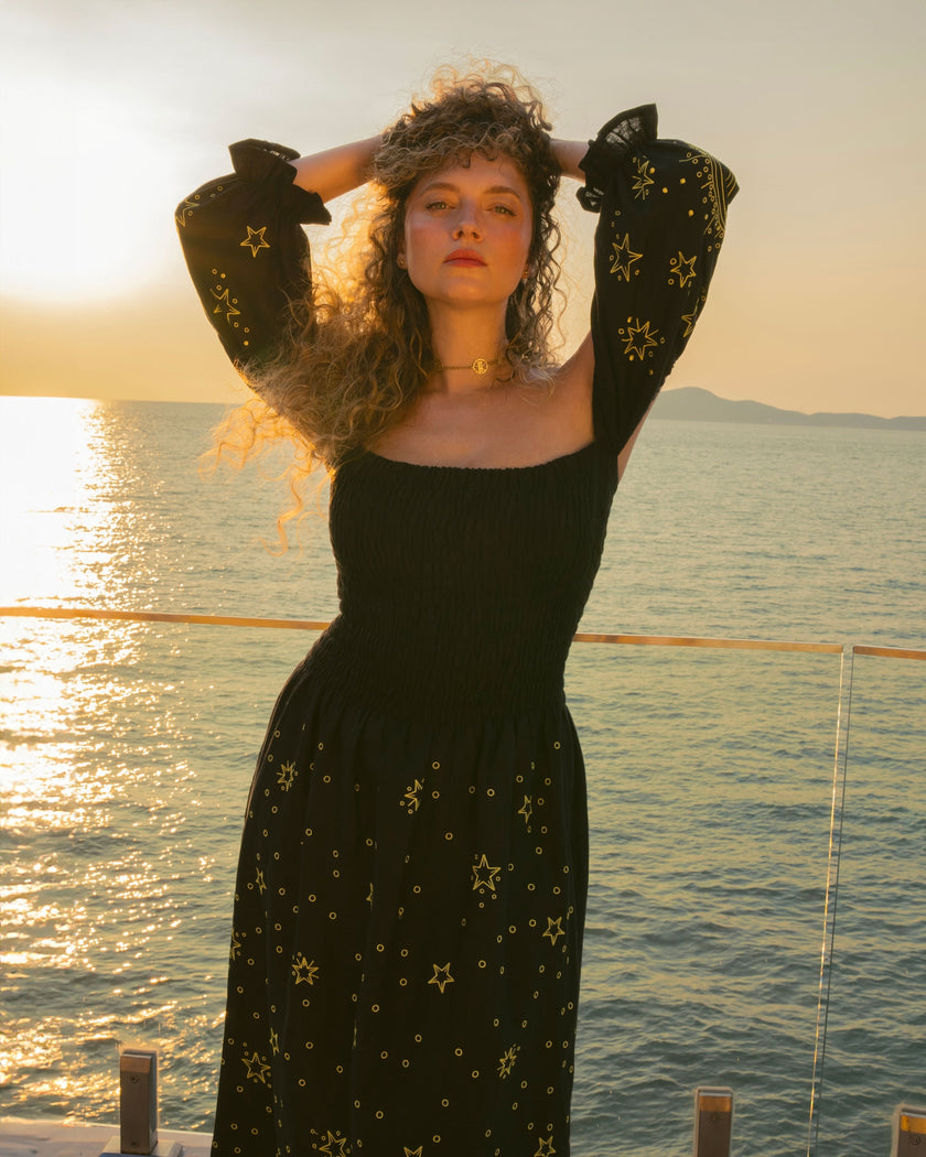 Black Embroidered Linen Dress | ZALXNDRA