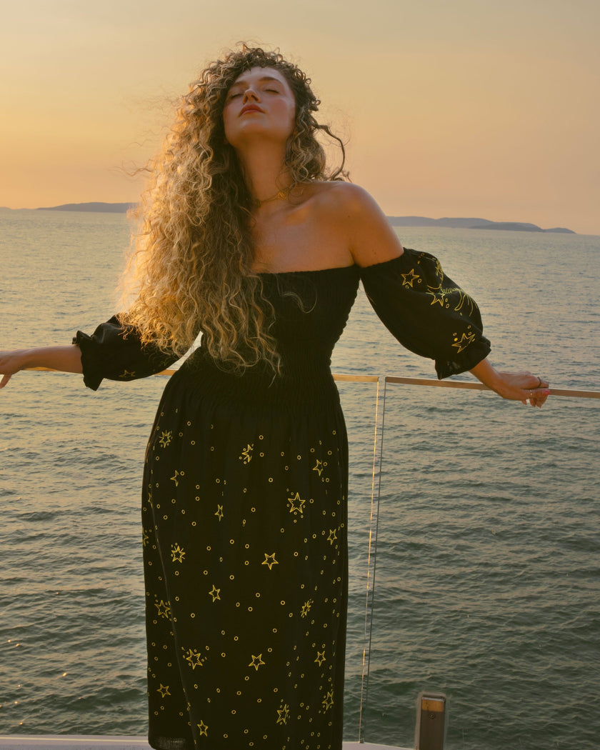 Black Embroidered Linen Dress | ZALXNDRA